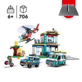 LEGO 60371 City Le QG des Véhicules d’Urgence, avec Hélicoptère de Pompier, Jouet Camion Ambulance, Moto et Voiture de Police