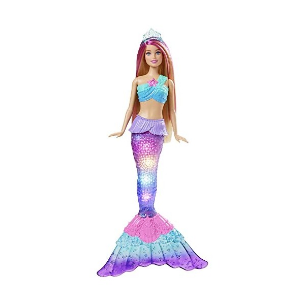 Barbie Poupée Blonde Dreamtopia Sirène Lumières Scintillantes, 30 Cm, Avec Fonction Lumineuse Au Contact De L’Eau Et Cheveux 