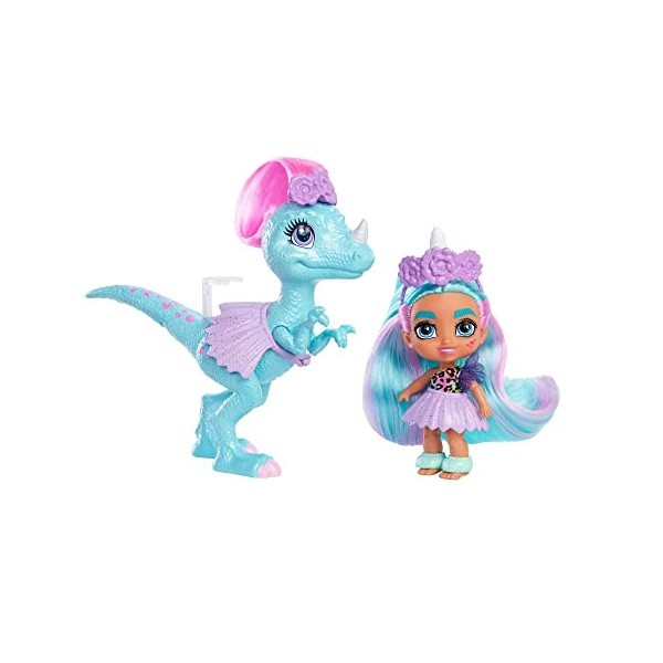 Cave Club Bébé des Cavernes mini-poupée Rebelle 8 cm aux cheveux violets, avec figurine dinosaure et accessoires, jouet pour 