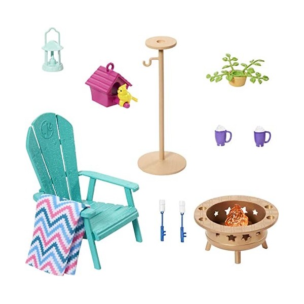 Barbie Mobilier - HJV33 - Ensemble décoration de Maison de poupée Barbie - Terrasse de Jardin, feu de Camp, mangeoire à Oisea