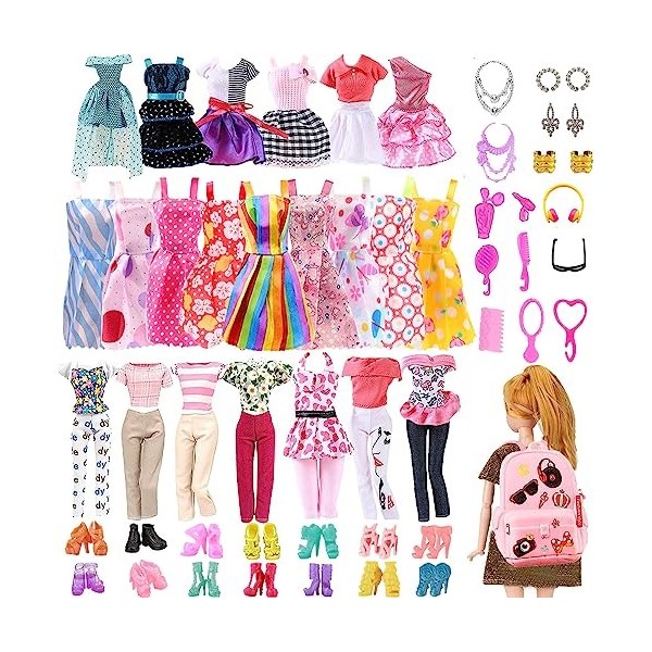 Carreuty Lot de 40 vêtements de poupée compatibles avec Barbie, 3 robes, 5 jupes tendance, 6 vêtements décontractés, 10 chaus