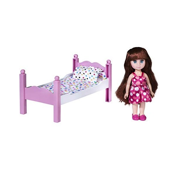 Playkidiz Mini Chambre à coucher Poupée Playset: Preport Play Brunet Mini Poupée avec lit super-durable, miroir et chaise pou