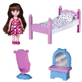 Playkidiz Mini Chambre à coucher Poupée Playset: Preport Play Brunet Mini Poupée avec lit super-durable, miroir et chaise pou