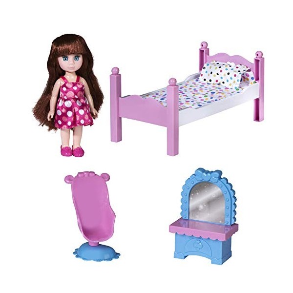 Playkidiz Mini Chambre à coucher Poupée Playset: Preport Play Brunet Mini Poupée avec lit super-durable, miroir et chaise pou