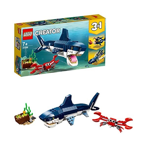 LEGO 31088 Creator 3-en-1 Les Créatures sous-Marines, Requin, Calamar, Crabe Ou Baudroie, Figurines Animaux Marins, pour Enfa