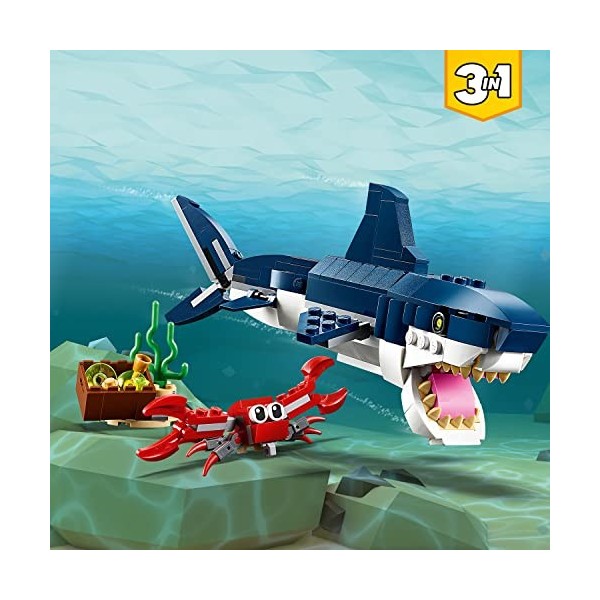 LEGO 31088 Creator 3-en-1 Les Créatures sous-Marines, Requin, Calamar, Crabe Ou Baudroie, Figurines Animaux Marins, pour Enfa