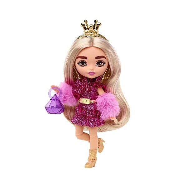 Barbie Poupée Extra Mini n° 8 14 cm avec Robe à paillettes et Mitaines en fourrure, avec socle et accessoires, Jouet Enfant