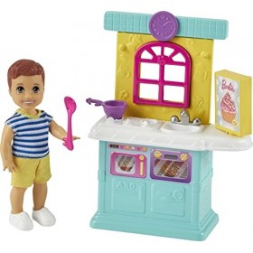 Barbie Famille Skipper baby-sitter coffret Jouons à Cuisiner avec mini-poupée garçon, éléments de cuisine et accessoires, jou