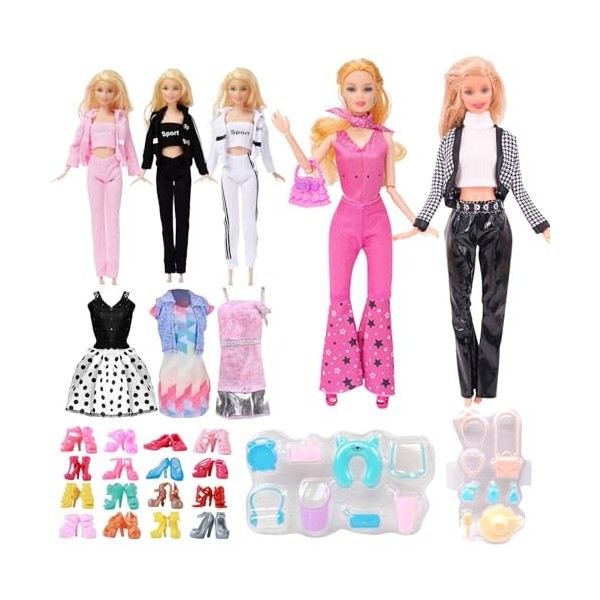 WanderGo Vêtements et accessoires compatibles avec Barbie, 42 pièces comprenant 2 costumes tendance, 1 costume de sport, 3 ju