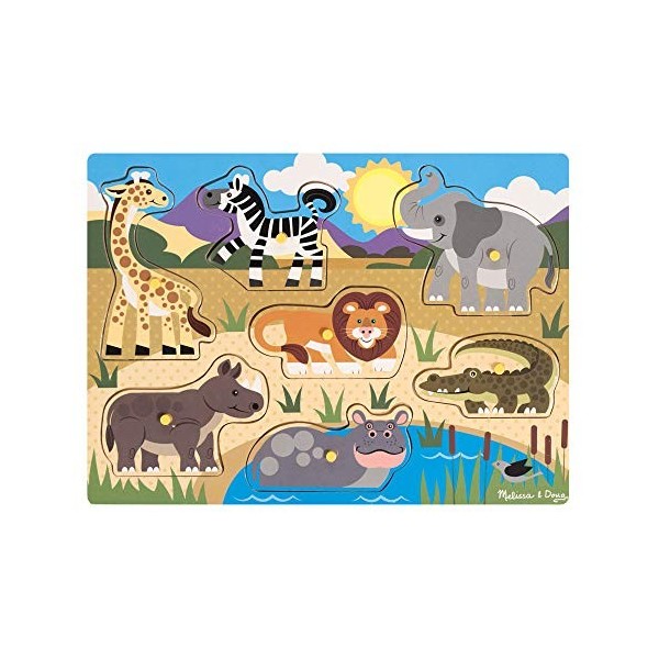 Melissa & Doug Puzzle en Bois À Boutons - Animaux du Safari, Cadeau pour enfants de 2 3 4 ans,Jouet en bois Montessori, Jouet