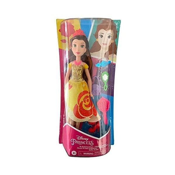 Disney Princess - Belle poupée tendance avec robe aux couleurs vives et imprimés audacieux, avec brosse et accessoires pour c