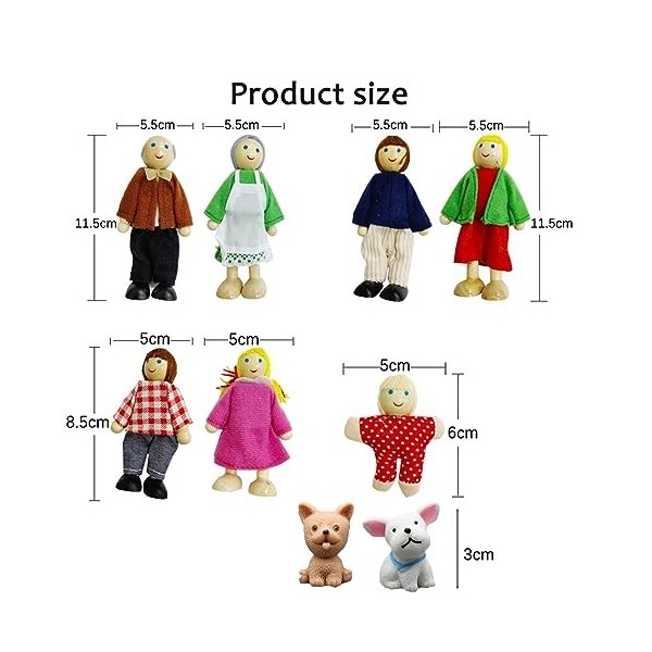 Famille Poupée en Bois Bogoro Personnage Maison Poupee Famille Poupées Set avec Chien Personnages Maison Poupée pour Accessoi