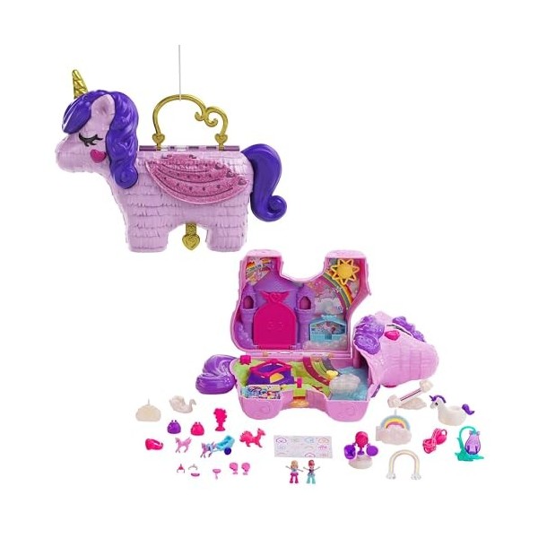 Polly Pocket coffret Licorne en Fête avec mini-figurines Polly et Lila, plusieurs zones de jeu, 25 surprises et accessoires, 