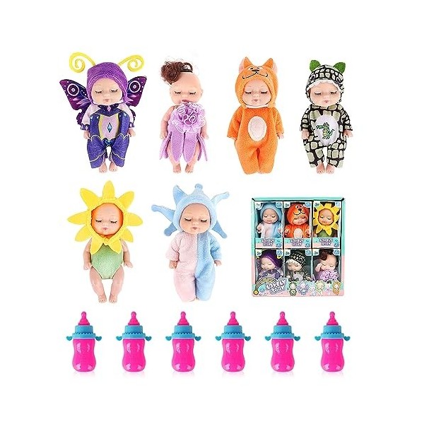 Fivtsme Poupee Bebe, Bebe Reborn Silicone avec 6 Petits Biberons, Bébé Réaliste Poupon Interactif Jouet avec Cheveux et Vêtem