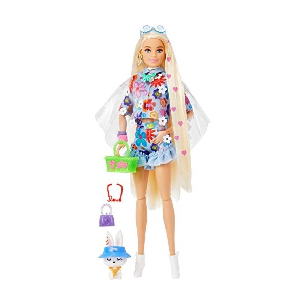 Barbie Extra 12 poupée articulée aux longs cheveux blonds décorés de coeurs, avec ensemble à fleurs, figurine lapin et acces