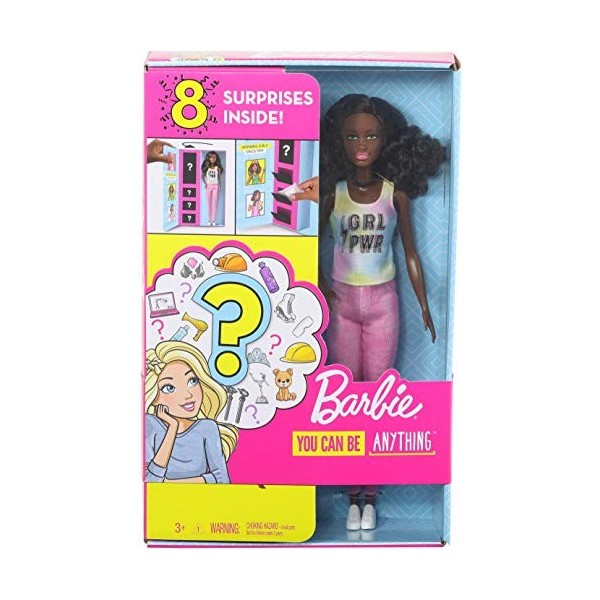 Barbie Métiers Surprise poupée brune avec débardeur, pantalon rose, et 8 élements pour composer 2 tenues, jouet pour enfant, 