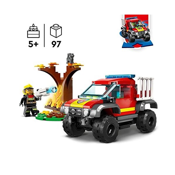 LEGO 60393 City Sauvetage en Tout-Terrain des Pompiers, Jouet Camion avec Lanceur dÉléments deau, Minifigurine Pompier et C