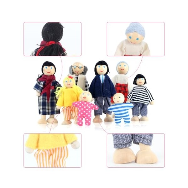 Famille De Poupées En Bois Pour Maison De Poupée - 8 Personnages Avec Chat Et Chien - Jeu éducatif