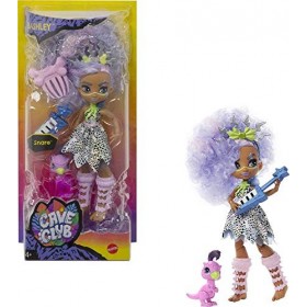 NULL Cave Club poupée préhistorique articulée Bashley aux Cheveux mauves avec Figurine bébé Dinosaure et Accessoires, Jouet p