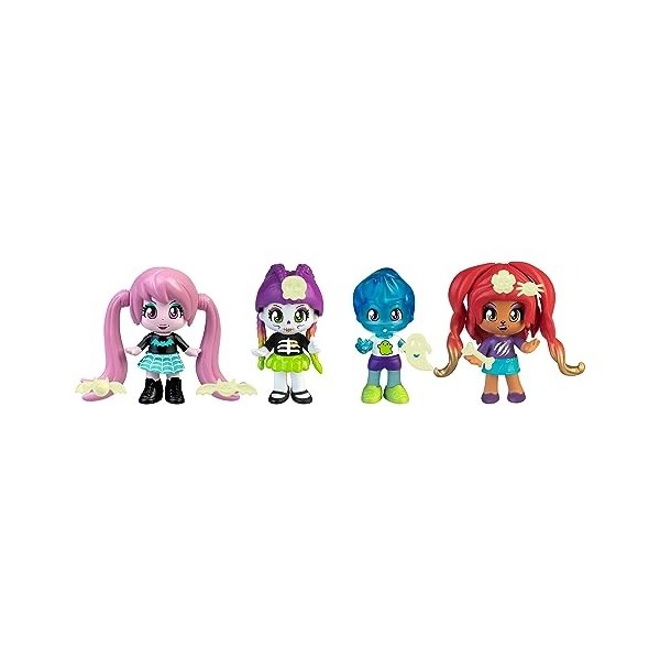 Pinypon - Terrific Friends, Pack de 4 Figurines Vampires, Fille loube, Fille Squelette et garçon fantôme, poupées avec décora