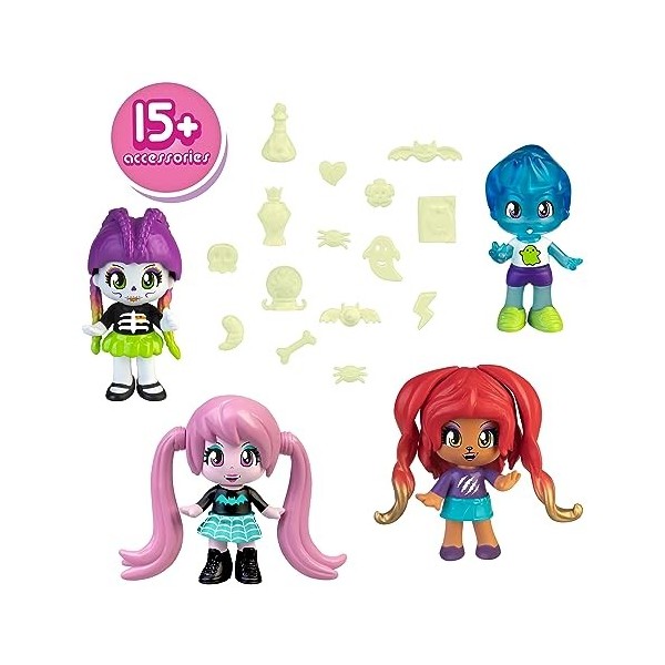 Pinypon - Terrific Friends, Pack de 4 Figurines Vampires, Fille loube, Fille Squelette et garçon fantôme, poupées avec décora