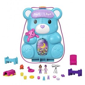 Polly Pocket Coffret Sac à Main Ourson Surprises, thème soirée pyjama avec 2 mini-figurines et 16 accessoires, jouet pour enf