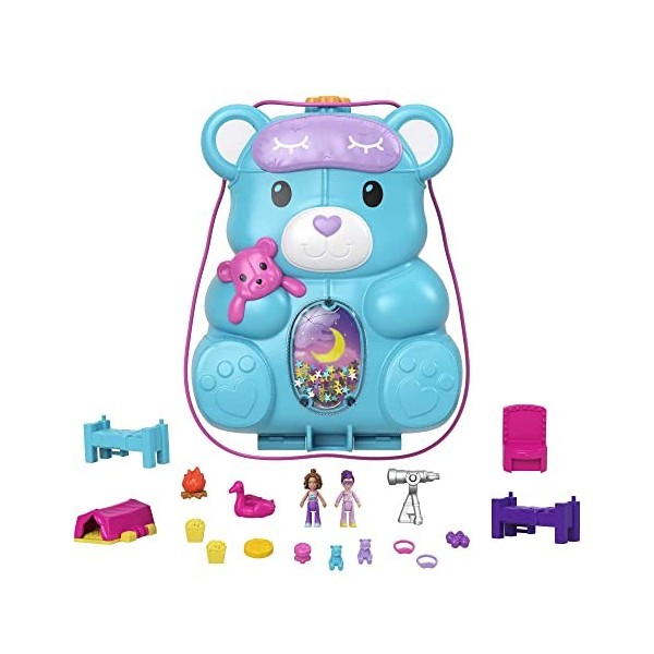 Polly Pocket Coffret Sac à Main Ourson Surprises, thème soirée pyjama avec 2 mini-figurines et 16 accessoires, jouet pour enf