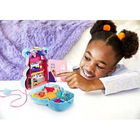 Polly Pocket Coffret Sac à Main Ourson Surprises, thème soirée pyjama avec 2 mini-figurines et 16 accessoires, jouet pour enf
