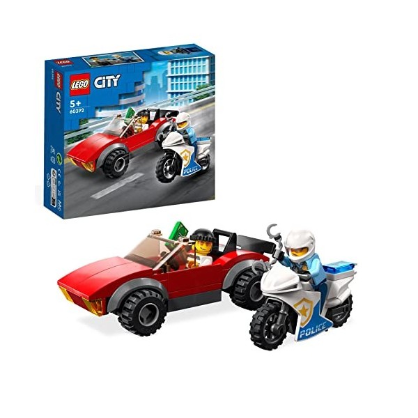LEGO 60392 City La Course-Poursuite De La Moto De Police, Jouet Voiture De Course Et 2 Minifigurines Policiers, Idée Cadeau A