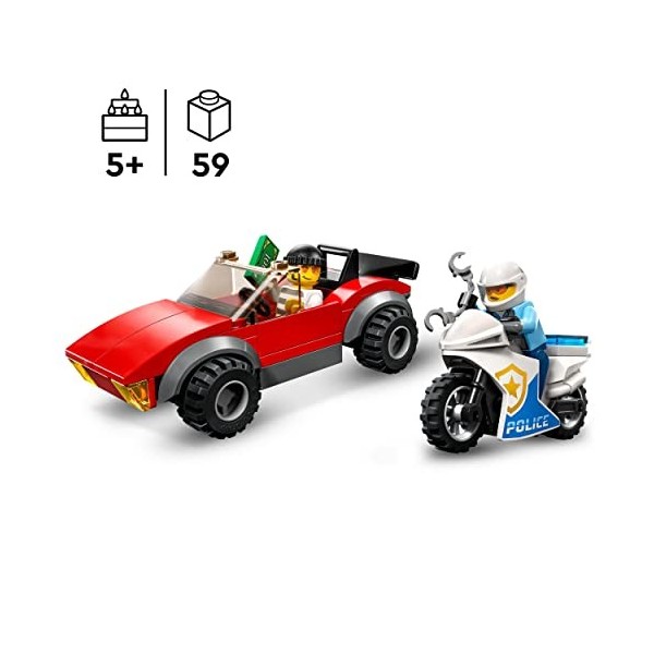 LEGO 60392 City La Course-Poursuite De La Moto De Police, Jouet Voiture De Course Et 2 Minifigurines Policiers, Idée Cadeau A