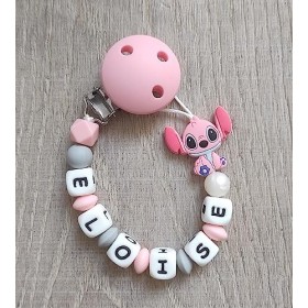 Attache tétine prénom personnalisée style Stitch rose gris