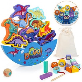 JUSTWOOD Balance Cubes en Bois, Jeu dempilage & denfilage avec dadorables Figurines de Dino et de Hibou, Jouet Montessori 