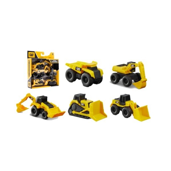 Caterpillar- Pack de 5 Mini Machines 8 cm Véhicule de Chantier Plastique, 82150, Jaune