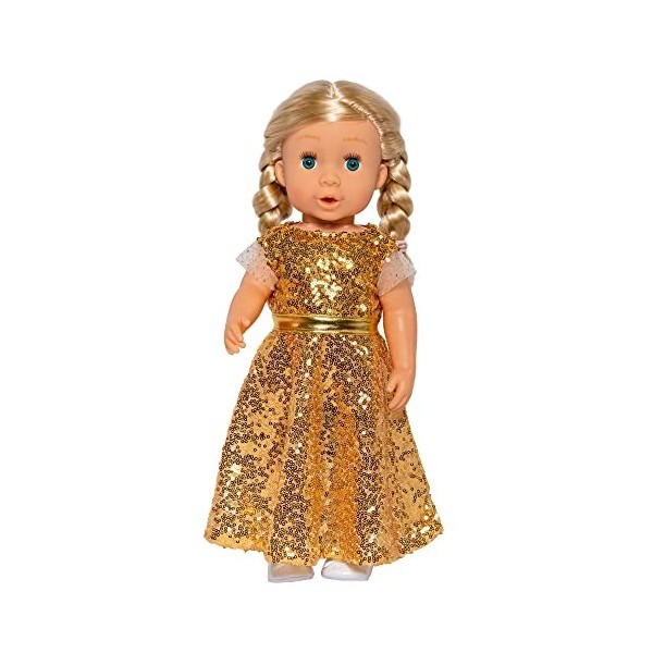Heless 2330-Vêtements Design Goldstar, Robe avec Paillettes dorées et Ceinture pour poupées et Animaux en Peluche de 35 à 45 
