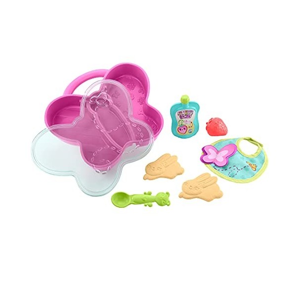 My Garden Baby coffret L’Heure du Repas, 7 accessoires pour poupon bébé papillon dont boîte, cuillère et bavoir, jouet pour e