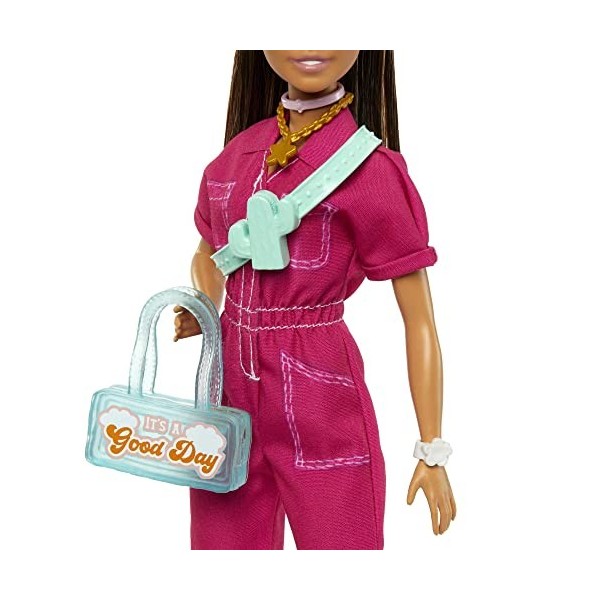 Barbie Poupée Mannequin avec avec Combinaison Rose Tendance, Accessoires Et Chiot, Cheveux Châtain Coiffés en Queue De Cheval