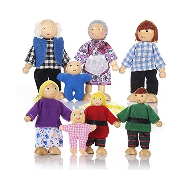 Jzszera 8Pcs Marionnettes en Bois Jouets poupées Familiales Mini Poupées Articulées Poupées Familiales