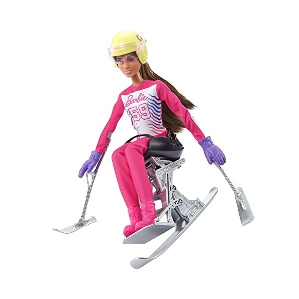 Barbie Poupée de Ski Alpin 30,5 cm avec Chemise, Pantalon, Casque, Gants, bâton, Ski Assis et trophée, Excellent Cadeau pou