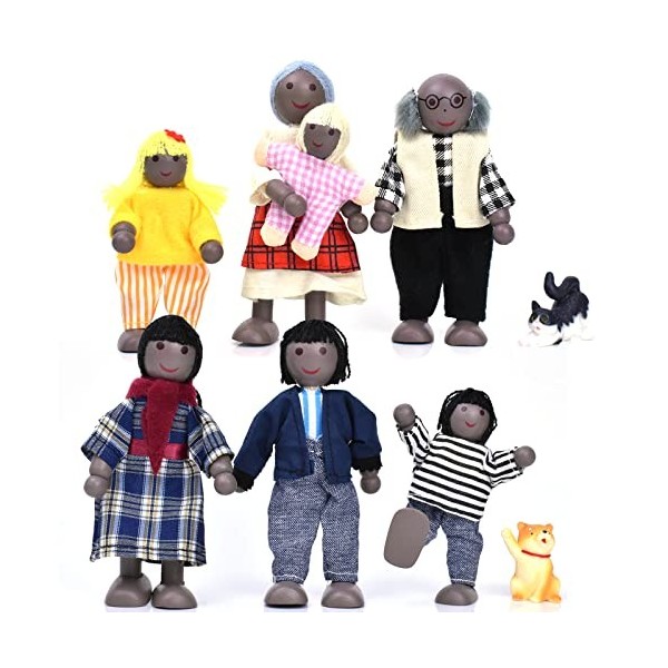 Lot de 7 figurines en bois et 2 animaux de compagnie, adorable petite famille pour accessoires de maison de poupée