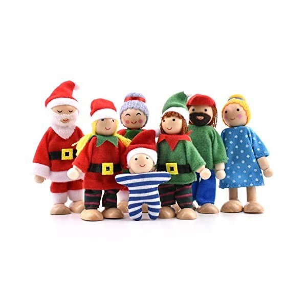 Famille de 7 figurines en bois pour maison de poupée, poupées de Noël pour cadeau, accessoires de décoration