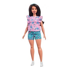 Barbie Fashionistas poupée mannequin 78 brune avec haut rose fleuri et short turquoise à motifs, jouet pour enfant, FJF43