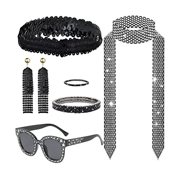 HEAWAA 7 Pièces Deguisement Disco des Années 1970, dAccessoires de Disco Lunette Bandeau Bracelet Collier Anneaux Boucles d