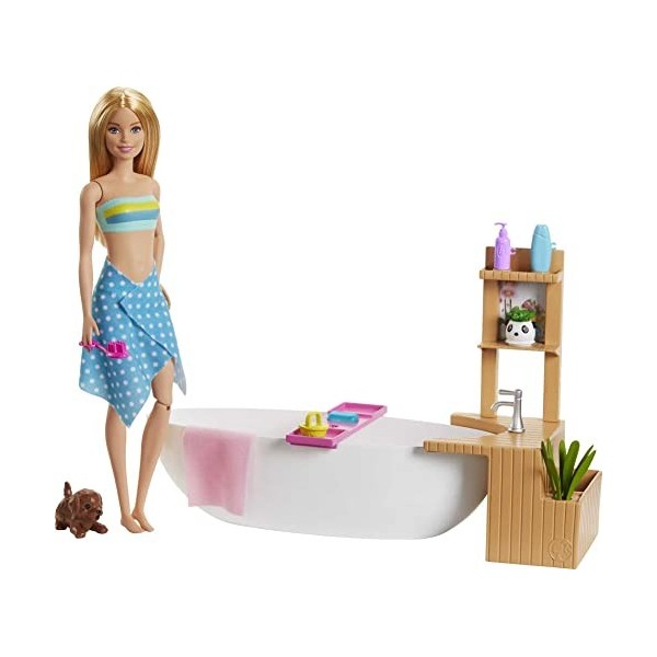 Barbie Bien-être coffret Bain Coloré avec poupée blonde, baignoire, figurine chiot et accessoires, jouet pour enfant, GJN32