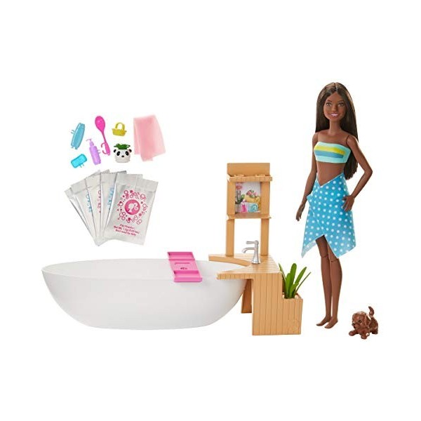 Barbie Bien-être coffret Bain Coloré avec poupée blonde, baignoire, figurine chiot et accessoires, jouet pour enfant, GJN32