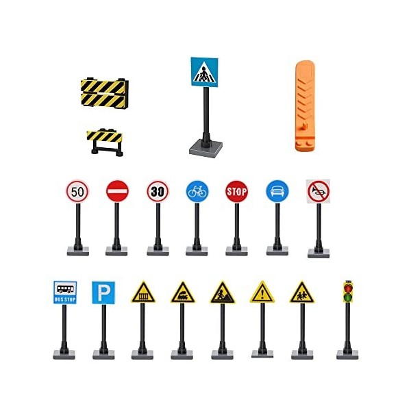 YPLonon 18 PCS Jeu de Panneaux de Signalisation de Routière Blocs de Construction en Plastique Road Sign Set Jouets de Feux d