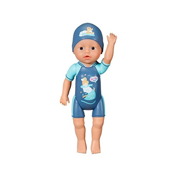 BABY born 4001167832325 First Swim Boy Boy-30cm Doll with Fixed Costume and Hat-Wind Action-Can go in The Bath Or Pool-Suitab