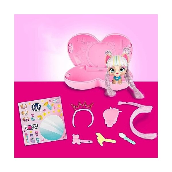 VIP PETS Mini Fans | Mini petit chiens à collectionner avec cheveux longs à coiffer Capsule coeur avec arc-en-ciel - Modèle A
