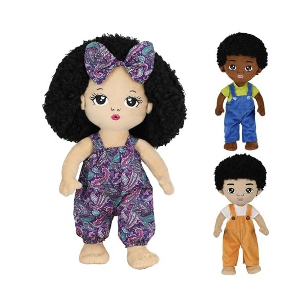 Poupée noire en peluche pour garçon | Jolie poupée afro caucasienne en peluche, douce et confortable, décoration dintérieur 