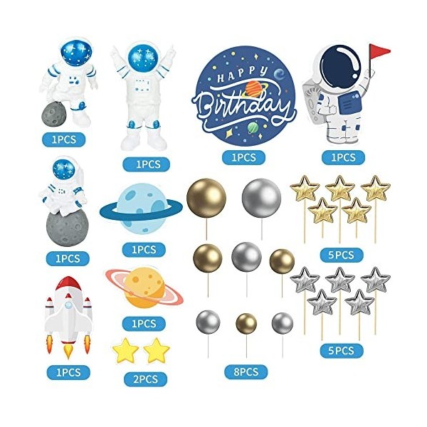 28pcs Luxe Cosmonaute Cake Topper, DIY Mini Topper de Gâteau de Ballon, Pentagramme Cake Topper Parti Fournitures, pour Enfan