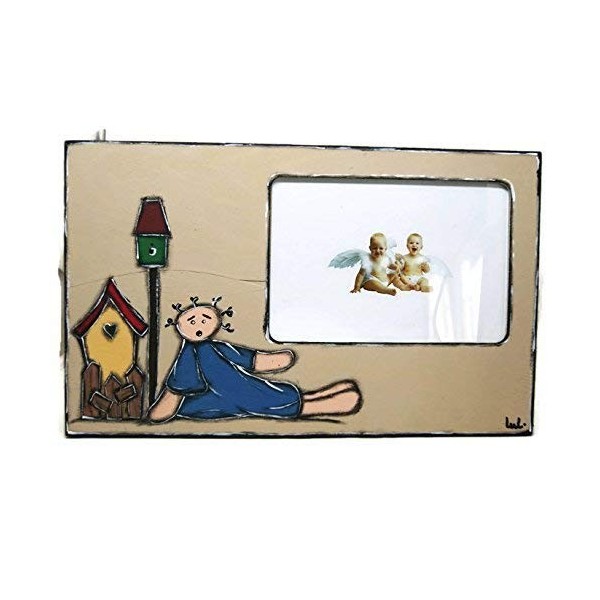 Cadre photo avec poupée et maison doiseau à poser - Support photo décoratif - Cadre photo en bois peint personnalisé à poser